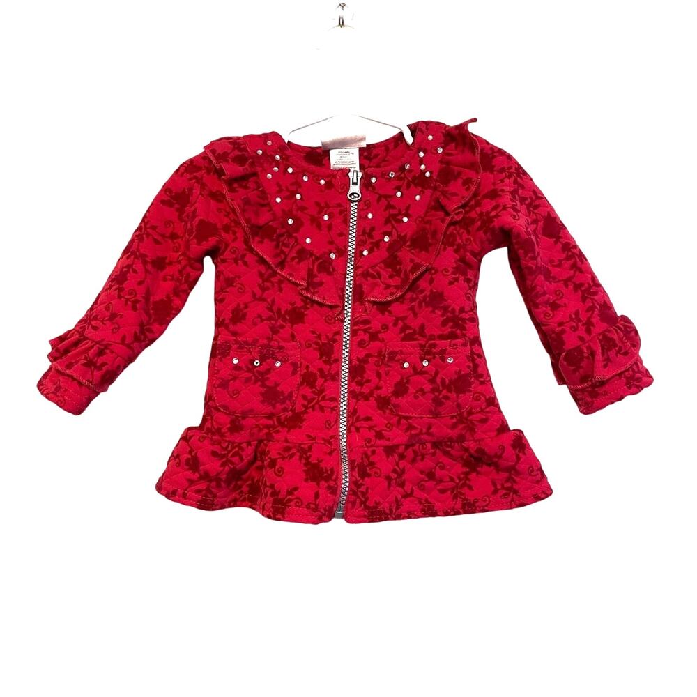 Little Lass red ruffled floral top jacket rhinestones zip quilted stretchy 12m